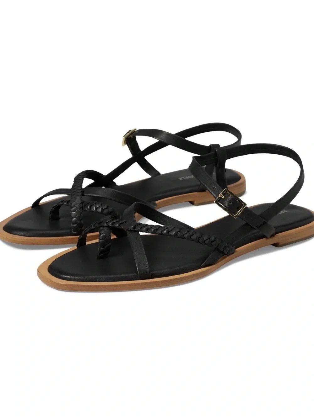 NEW Free People Sunny Days Leather Black Braided Strap Flat Sandals